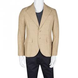 Pre Owned Ralph Lauren Beige Herringbone Weave Linen Blend Two Button Blazer L