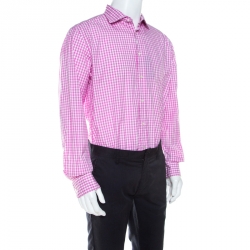 Pre Owned Ralph Lauren Pink and White Gingham Checked Cotton Aston Button Front Shirt XXL