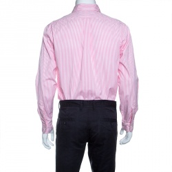 Pre Owned Ralph Lauren Pink and White Striped Cotton Button Down Custom Fit Shirt M