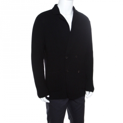 Pre Owned Ralph Lauren Black Rib Knit Merino Wool Double Breasted Cardigan L