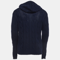 Pre Owned Ralph Lauren Navy Blue Patterned Cashmere Hooded Sweater L