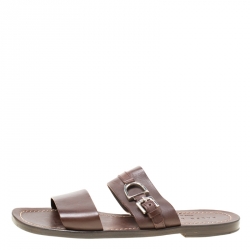 Pre Owned Ralph Lauren Brown Leather Buckle Detail Slides Size 42