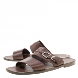 Pre Owned Ralph Lauren Brown Leather Buckle Detail Slides Size 42