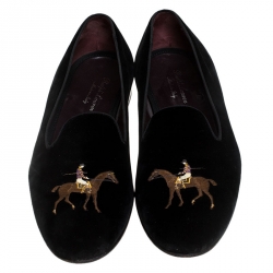 Pre Owned Ralph Lauren Black Velvet Collis Velvet Horse Slipper Loafers Size 44