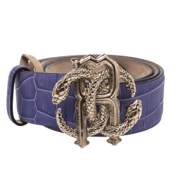 Pre Owned Roberto Cavalli Purple Croc Embossed Leather Logo Buckle Belt 100CM