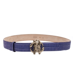 Pre Owned Roberto Cavalli Purple Croc Embossed Leather Logo Buckle Belt 100CM