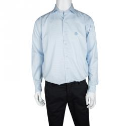 Pre Owned Roberto Cavalli Blue and White Striped Logo Embroidered Long Sleeve Button Front Shirt L