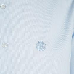 Pre Owned Roberto Cavalli Blue and White Striped Logo Embroidered Long Sleeve Button Front Shirt L