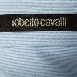 Pre Owned Roberto Cavalli Blue and White Striped Logo Embroidered Long Sleeve Button Front Shirt L