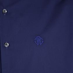 Pre Owned Roberto Cavalli Blue Cotton Logo Embroidered Long Sleeve Button Front Shirt XXL
