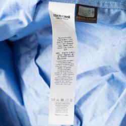 Pre Owned Roberto Cavalli Blue Cotton Dobby Jacquard Long Sleeve Slim Fit Shirt L