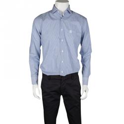 Pre Owned Roberto Cavalli Blue and White Striped Cotton Long Sleeve Slim Fit Shirt M