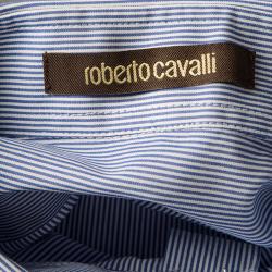 Pre Owned Roberto Cavalli Blue and White Striped Cotton Long Sleeve Slim Fit Shirt 4XL