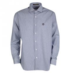 Pre Owned Roberto Cavalli Navy Blue and White Striped Cotton Long Sleeve Slim Fit Shirt L