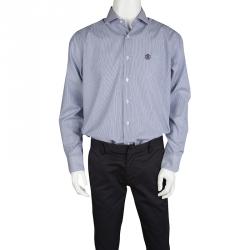 Pre Owned Roberto Cavalli Navy Blue and White Striped Cotton Long Sleeve Slim Fit Shirt L