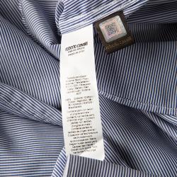 Pre Owned Roberto Cavalli Navy Blue and White Striped Cotton Long Sleeve Slim Fit Shirt L