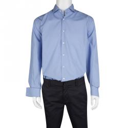 Pre Owned Roberto Cavalli Blue Cotton Logo Embroidered Long Sleeve Slim Fit Shirt XL