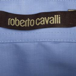 Pre Owned Roberto Cavalli Blue Cotton Logo Embroidered Long Sleeve Slim Fit Shirt XL