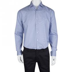 Pre Owned قميص روبرتو كافالي قطن نمط مقلم رفيع أزرق بأكمام طويلة مجسم L