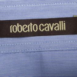 Pre Owned قميص روبرتو كافالي قطن نمط مقلم رفيع أزرق بأكمام طويلة مجسم L