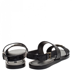 Pre Owned Roberto Cavalli Black Croc Embossed Leather Logo Flat Sandals Size 41