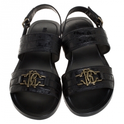 Pre Owned Roberto Cavalli Black Croc Embossed Leather Logo Flat Sandals Size 41