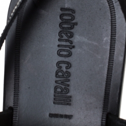 Pre Owned Roberto Cavalli Black Croc Embossed Leather Logo Flat Sandals Size 41