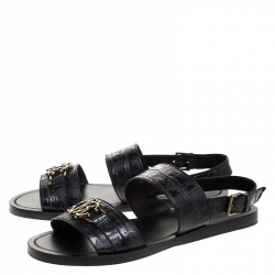 Pre Owned Roberto Cavalli Black Croc Embossed Leather Logo Flat Sandals Size 41