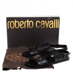 Pre Owned Roberto Cavalli Black Croc Embossed Leather Logo Flat Sandals Size 41