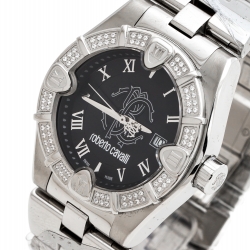 Pre Owned Roberto Cavalli Black Stainless Steel Diamond Time R7253116525 Men's Wristwatch 41 mm