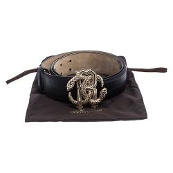 Pre Owned Roberto Cavalli Black Croc Embossed Leather Logo Buckle Belt 100CM