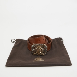 Pre Owned Roberto Cavalli Brown Leather RC Metal Buckle Belt 110CM