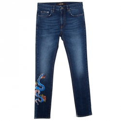 Pre Owned Roberto Cavalli Indigo Dark Wash Faded Effect Snake Painted Stretch Jeans M