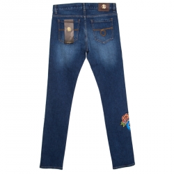 Pre Owned Roberto Cavalli Indigo Dark Wash Faded Effect Snake Painted Stretch Jeans M