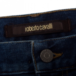 Pre Owned Roberto Cavalli Indigo Dark Wash Faded Effect Snake Painted Stretch Jeans M
