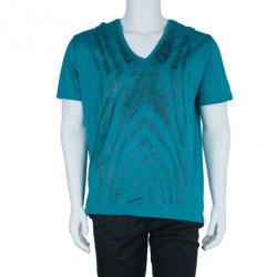 مملوكة مسبقًا Roberto Cavalli Turquoise Abstract Print Men's T-Shirt XXL