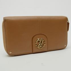 Pre Owned Roberto Cavalli Beige Leather Zip Around Wallet