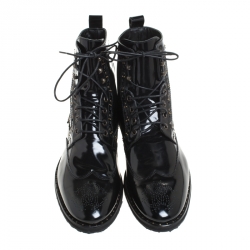 Pre Owned Roberto Cavalli Black Brogue Leather Studded Lace Up Ankle Boots Size 43