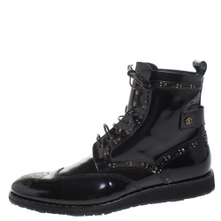 Pre Owned Roberto Cavalli Black Brogue Leather Studded Lace Up Ankle Boots Size 43