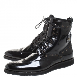 Pre Owned Roberto Cavalli Black Brogue Leather Studded Lace Up Ankle Boots Size 43