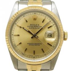 مملوكة مسبقًا Rolex Champagne 18K Yellow Gold and Stainless Steel Datejust Men's Wristwatch 35MM