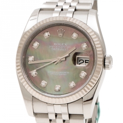 Pre Owned Rolex Dark Mother of Pearl 18K White Gold and Stainless Steel Diamonds Datejust 116234 Men's Wristwatch 36 mm