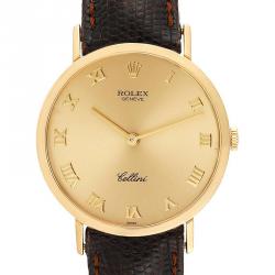 Rolex Champagne 18K Yellow Gold and Leather Cellini 4112 Men's Wristwatch 30.5MM