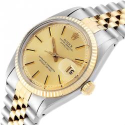 مملوكة مسبقًا Rolex Champagne 14K Yellow Gold Stainless Steel Datejust 1601 Men's Wristwatch 34 MM