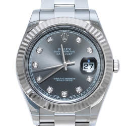 Pre Owned Rolex Grey Sunburst 18K White Gold Stainless Steel Diamond Datejust 116334 Men's Wristwatch 41 mm