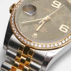 Pre Owned Rolex Brown Flower Motif 18K Yellow Gold Diamond Stainless Steel Datejust 116243 Unisex Wristwatch 36 mm 