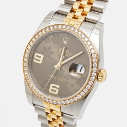 Pre Owned Rolex Brown Flower Motif 18K Yellow Gold Diamond Stainless Steel Datejust 116243 Unisex Wristwatch 36 mm 