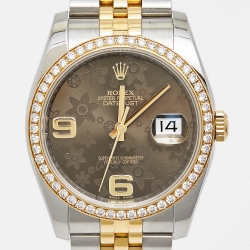 Pre Owned Rolex Brown Flower Motif 18K Yellow Gold Diamond Stainless Steel Datejust 116243 Unisex Wristwatch 36 mm 