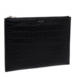 Pre Owned Saint Laurent Black Croc Embossed Zipped Tablet Holder                    