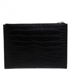 Pre Owned Saint Laurent Black Croc Embossed Zipped Tablet Holder                    